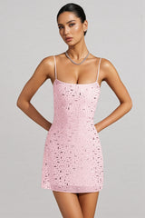 Kerra Sheer Embellished Square-Neck Mini Dress