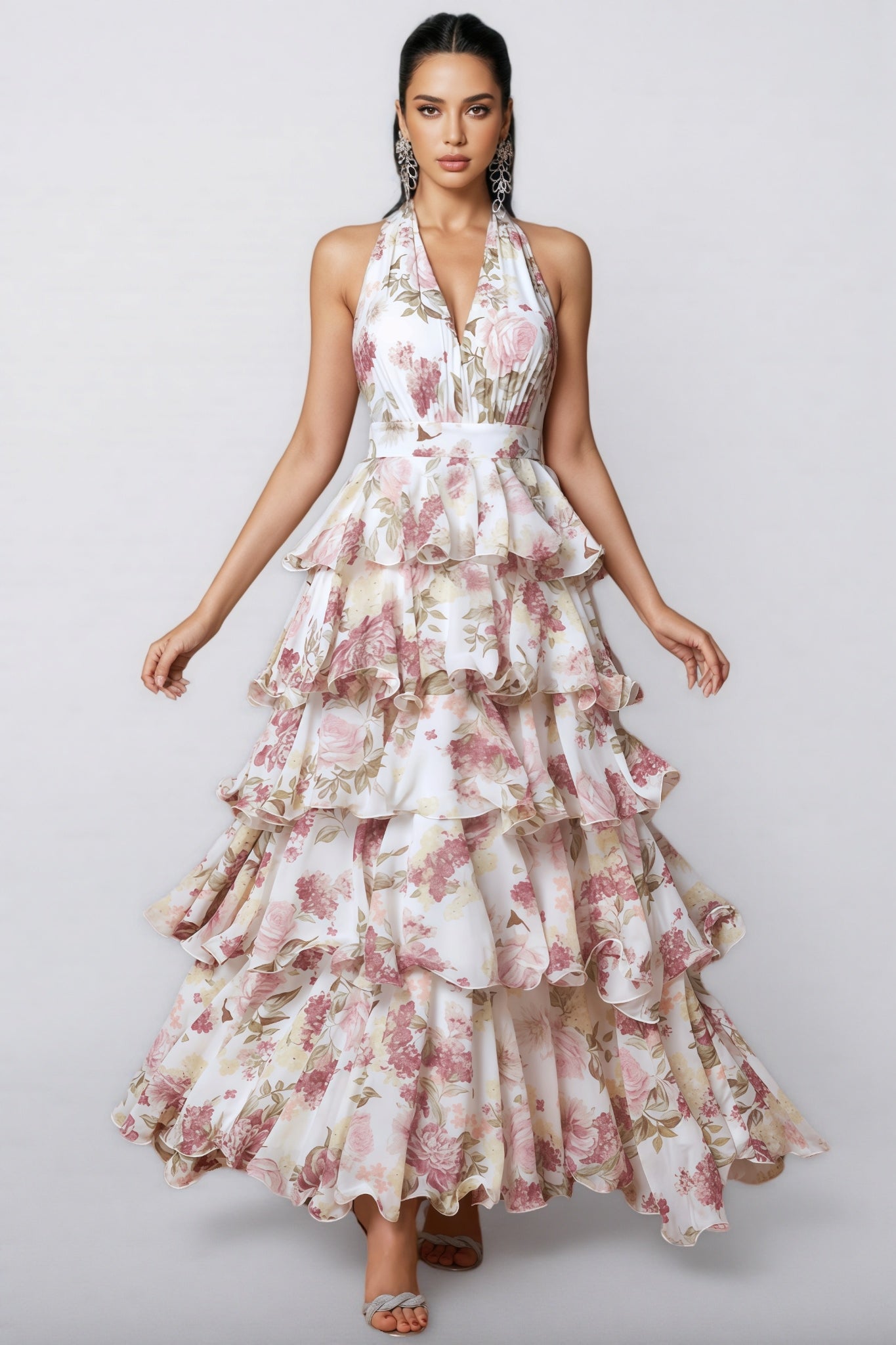 Elysiay White V-neck Printed Maxi Dress