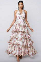 Elysiay White V-neck Printed Maxi Dress