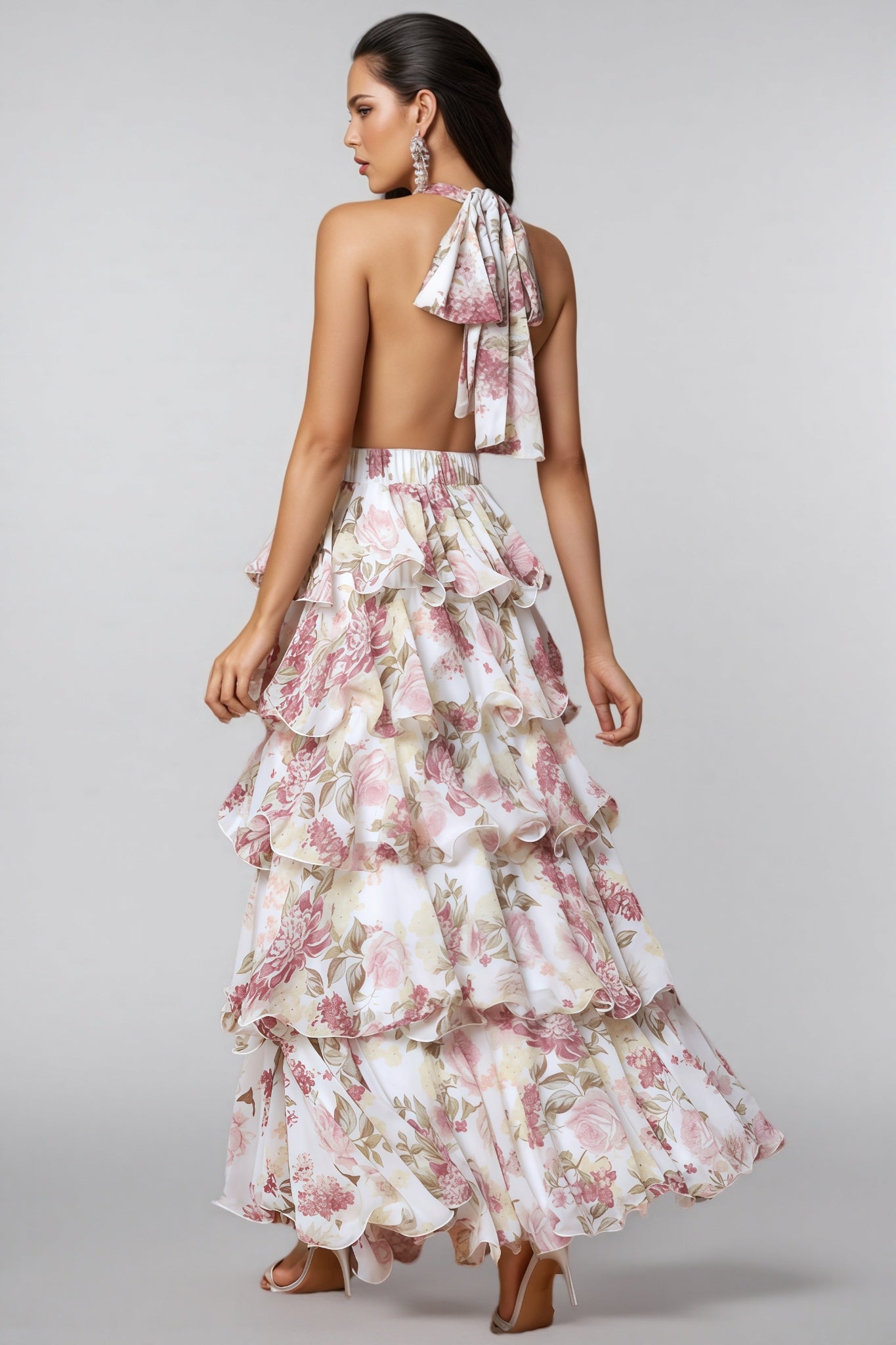 Elysiay White V-neck Printed Maxi Dress