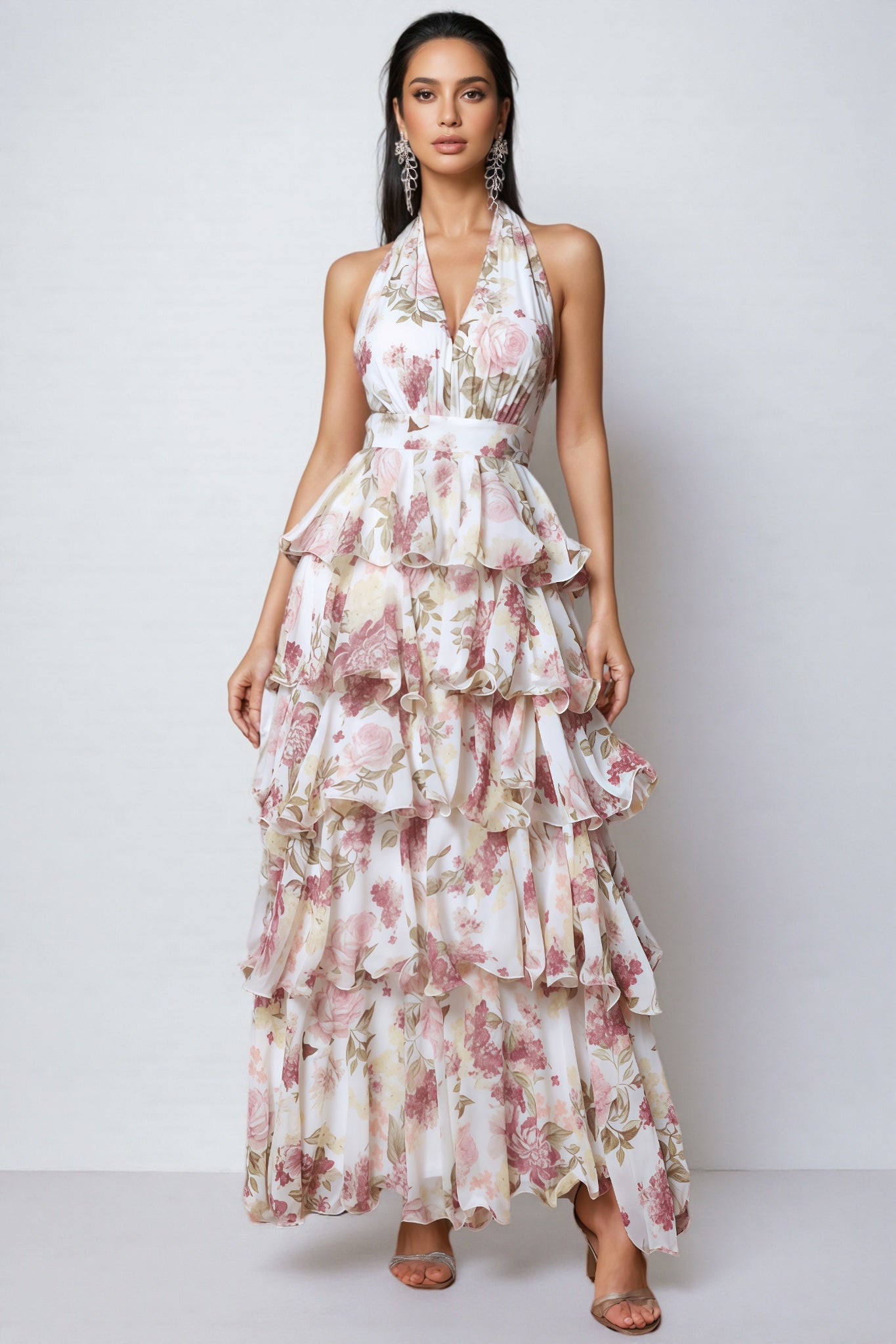 Elysiay White V-neck Printed Maxi Dress