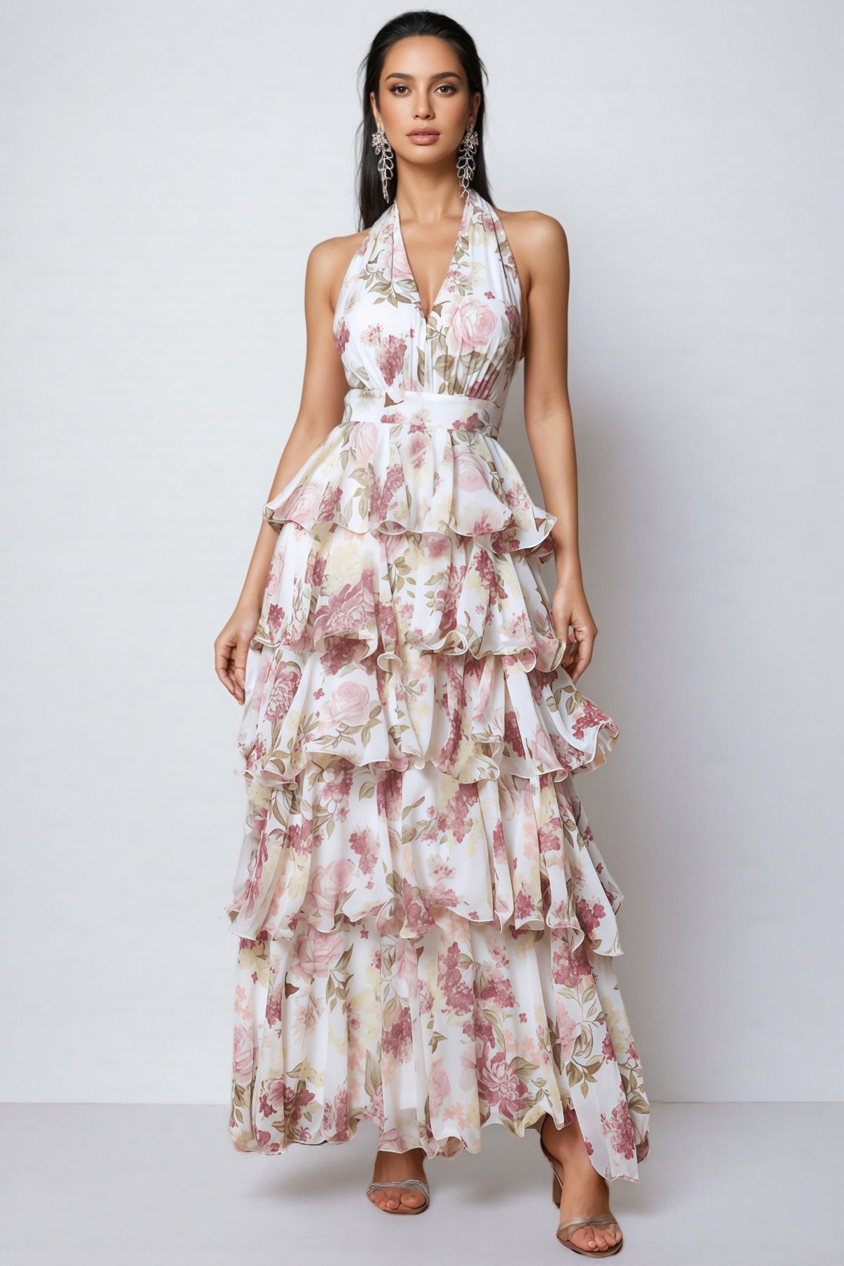 Elysiay White V-neck Printed Maxi Dress