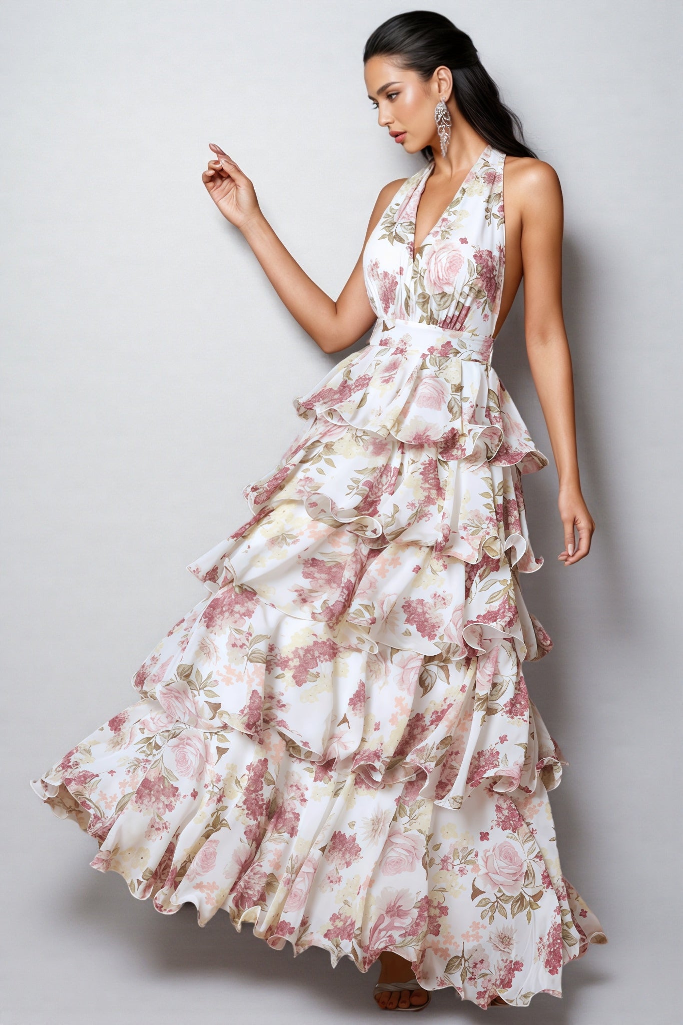 Elysiay White V-neck Printed Maxi Dress