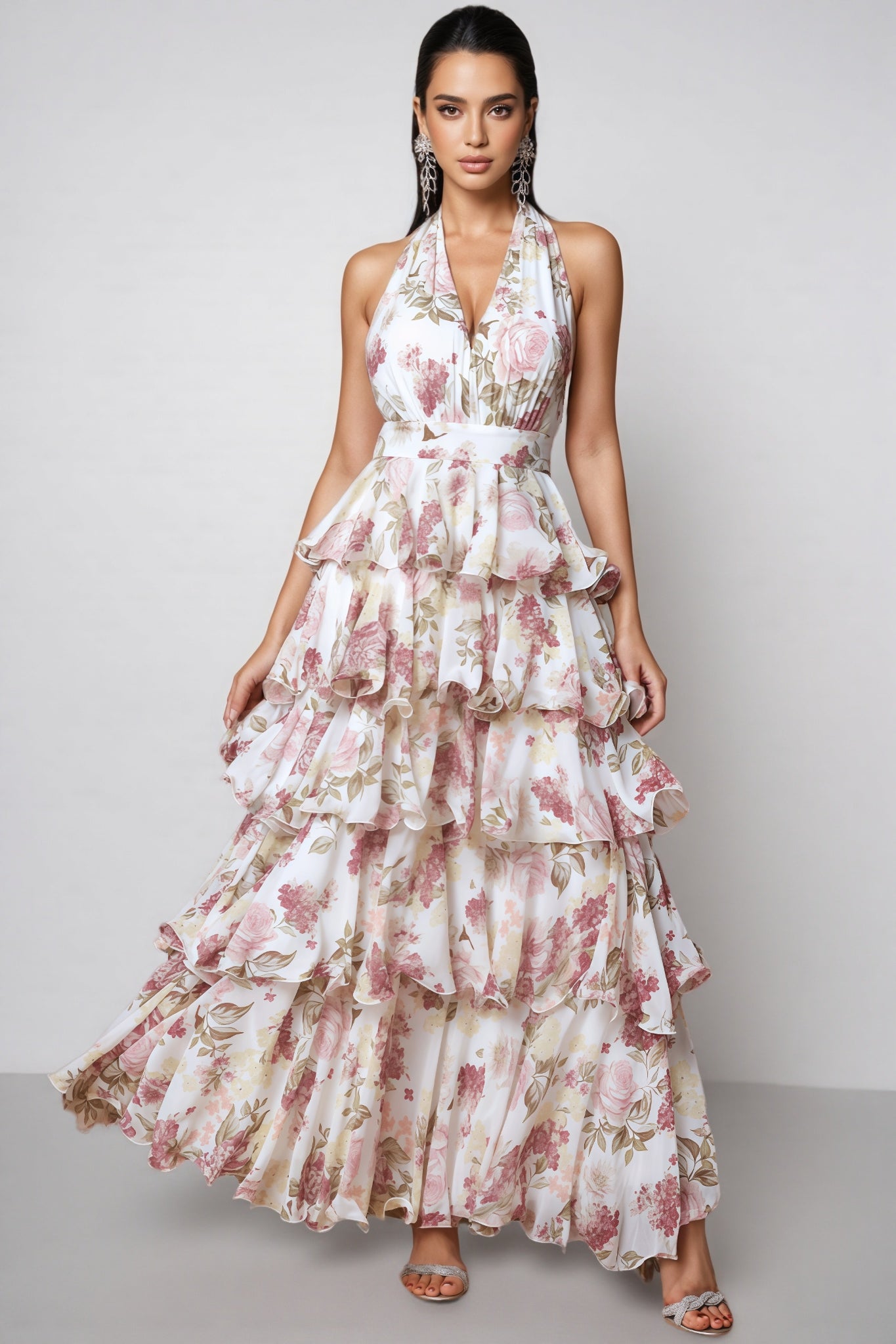 Elysiay White V-neck Printed Maxi Dress