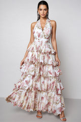 Elysiay White V-neck Printed Maxi Dress