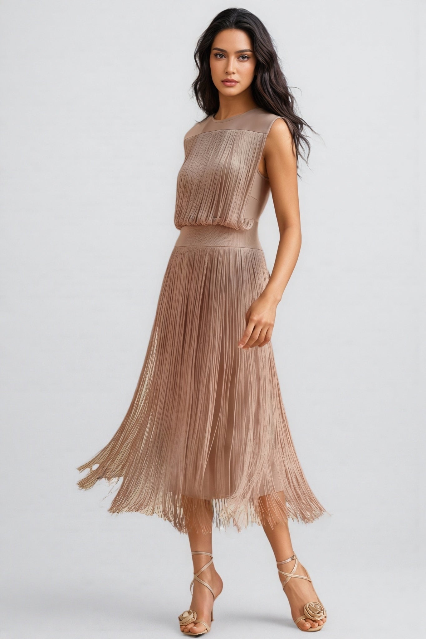 Raenk Sleeveless Fringe Midi Dress