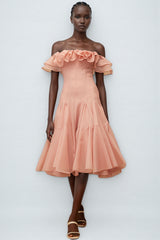 Eosf Pink Mesh Ruffle Midi Dress