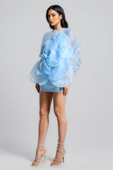 Marielle Mesh Flower One Shoulder Mini Dress-Blue