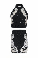 Pira Rhinestone Sequins Hanging Neck Skirt Set