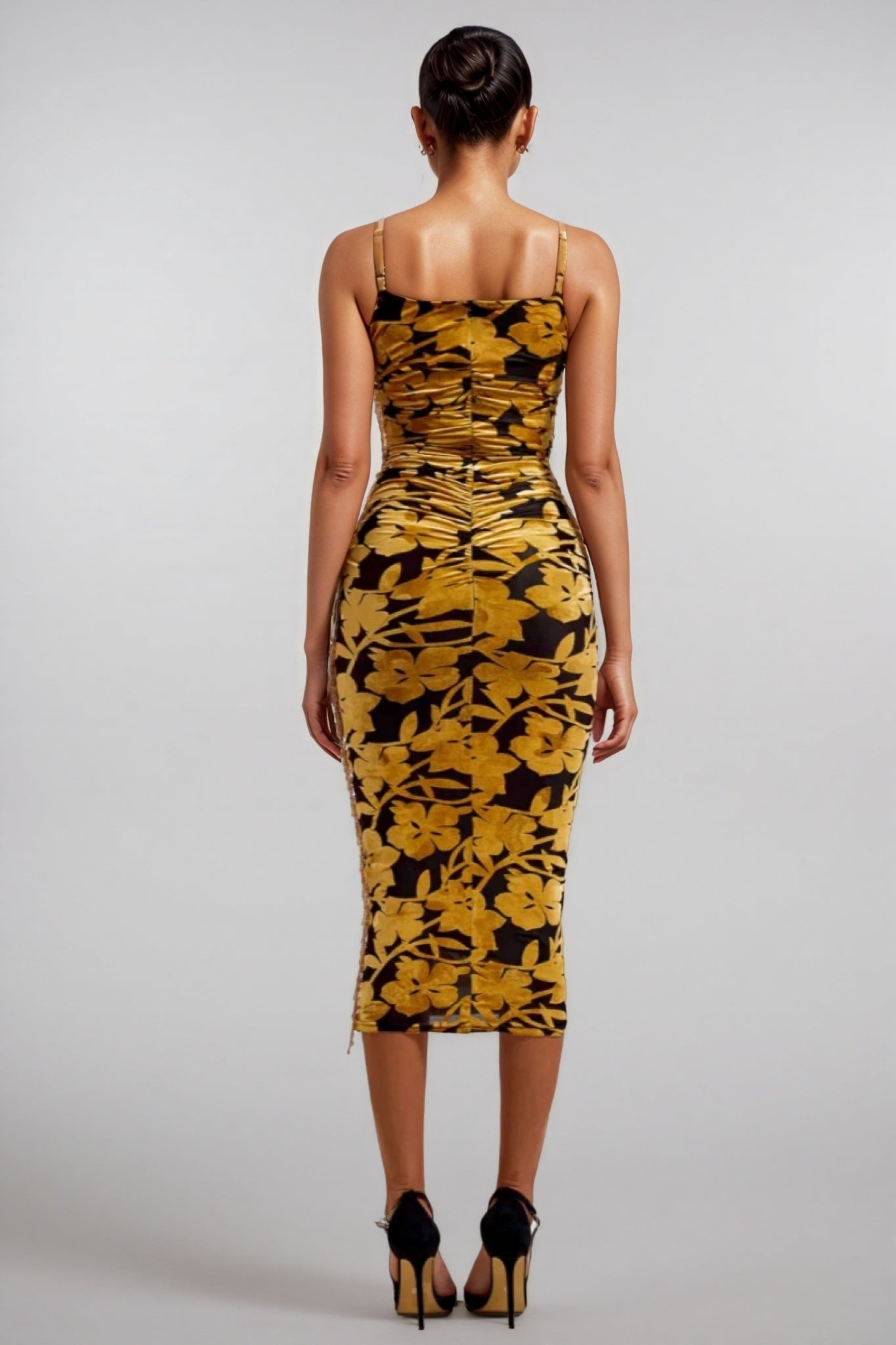 Seraphina Velvet Floral Ruched Slip Midi Dress