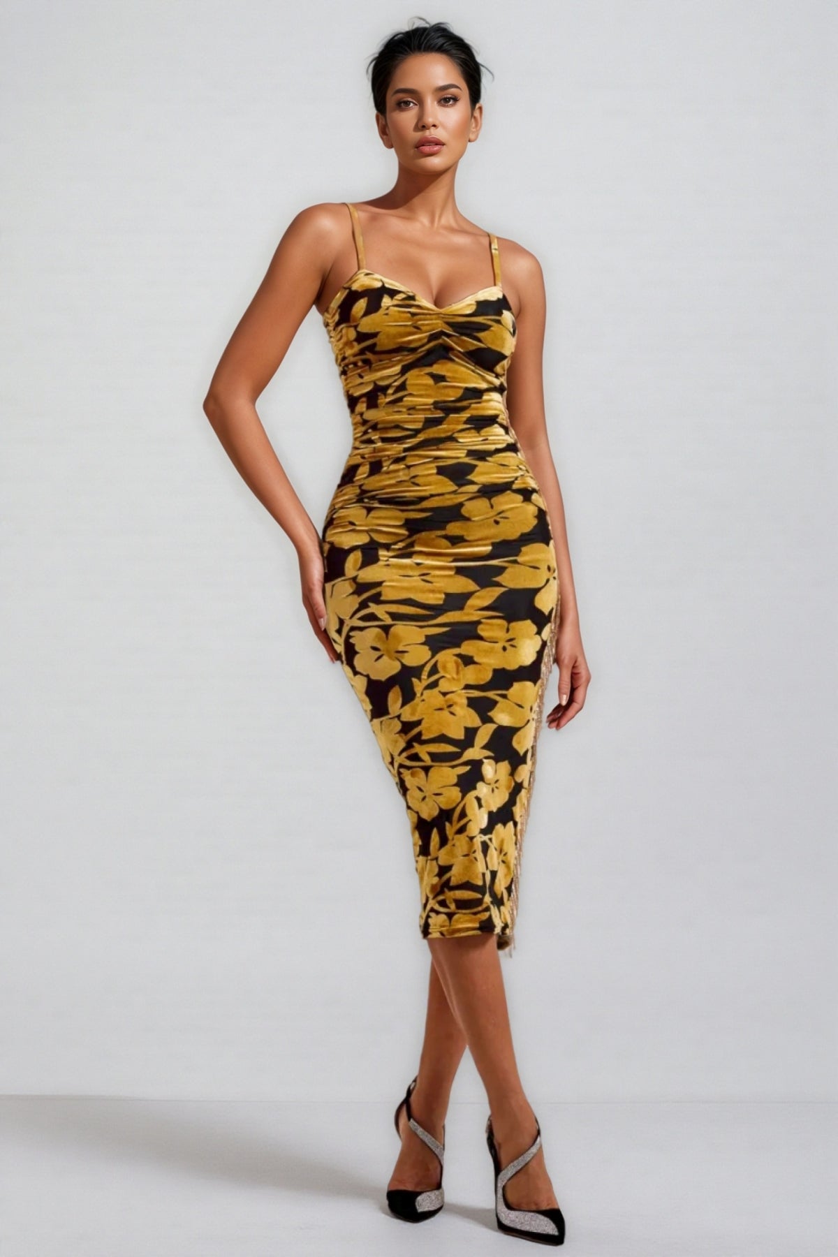 Seraphina Velvet Floral Ruched Slip Midi Dress