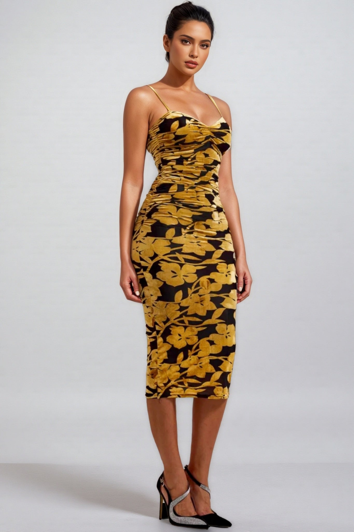 Seraphina Velvet Floral Ruched Slip Midi Dress