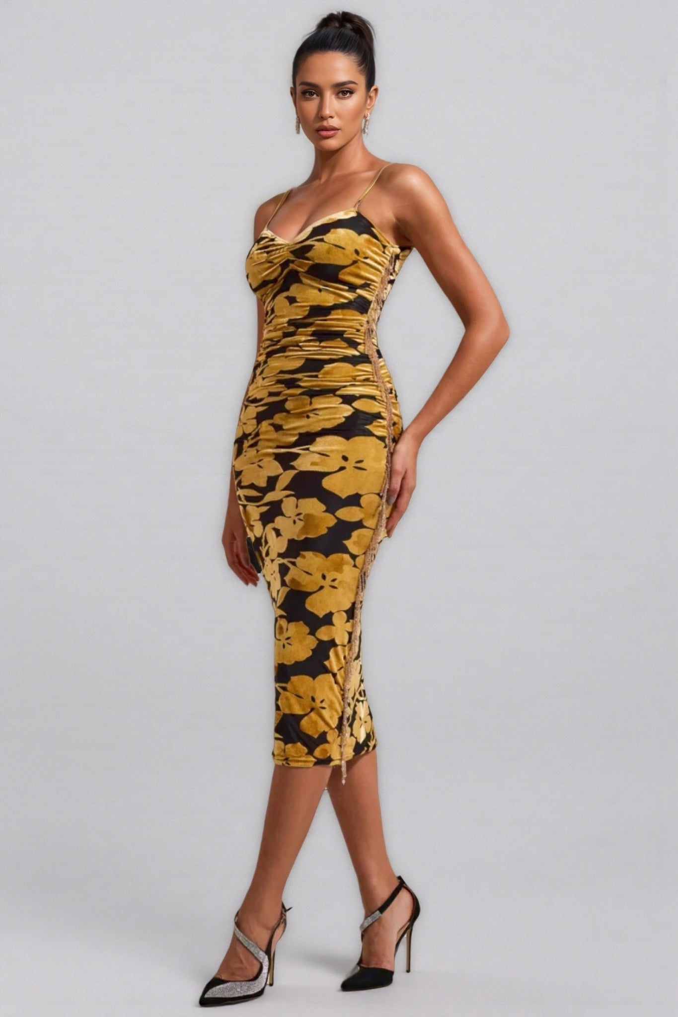 Seraphina Velvet Floral Ruched Slip Midi Dress