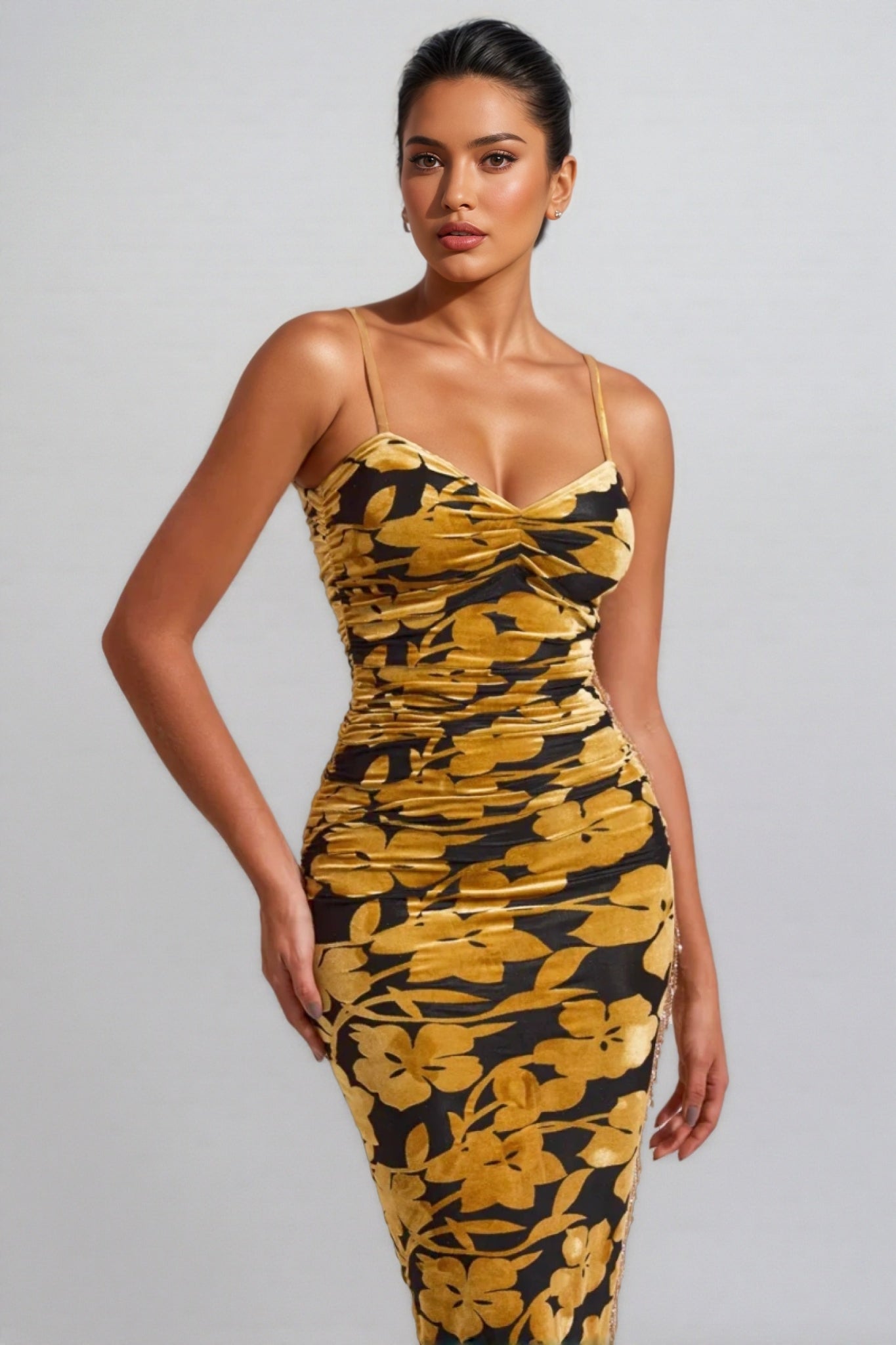 Seraphina Velvet Floral Ruched Slip Midi Dress