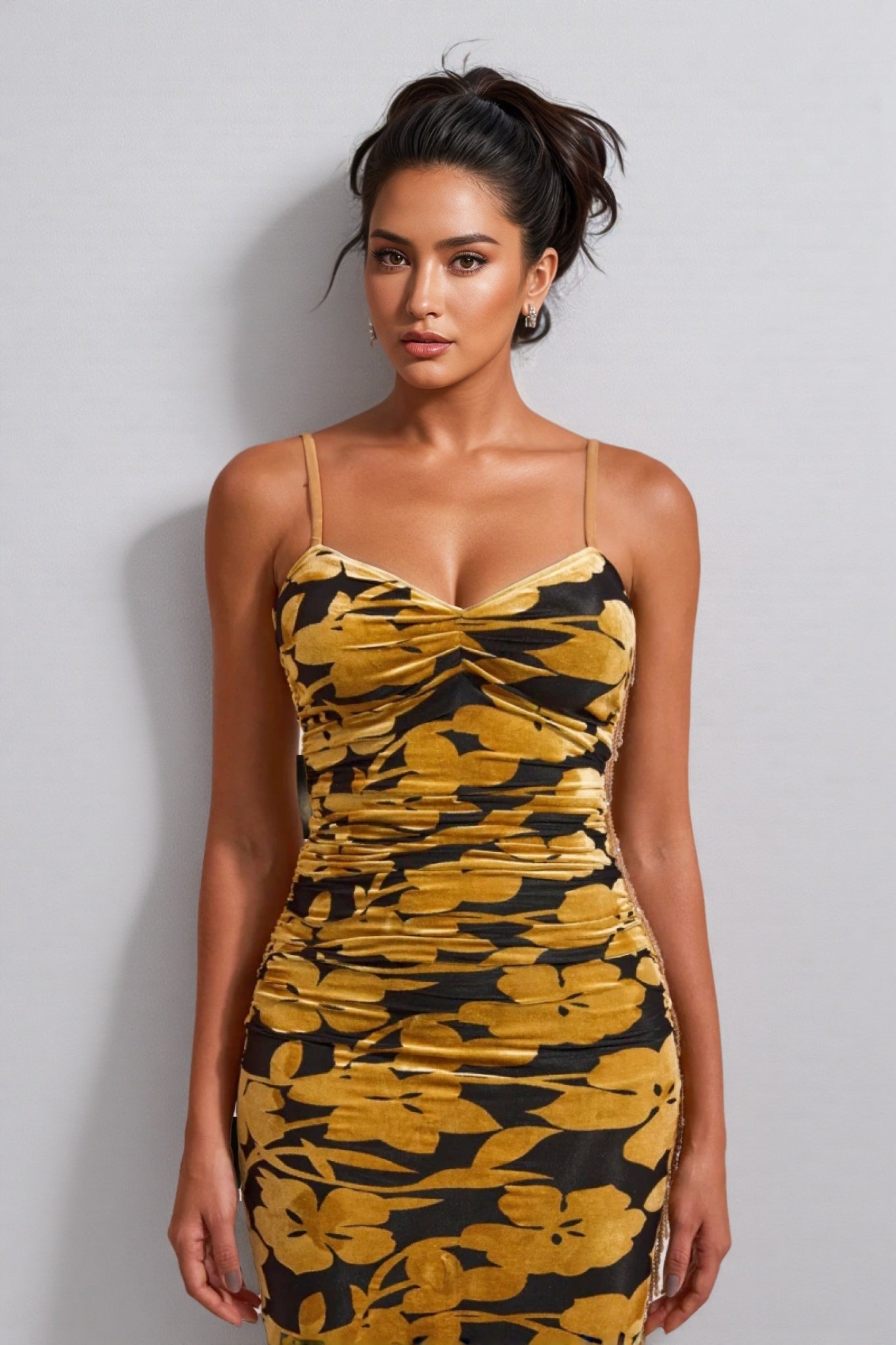 Seraphina Velvet Floral Ruched Slip Midi Dress