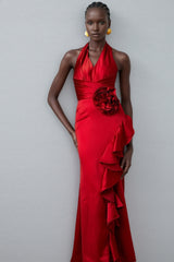 Caiusa Red 3D Floral Ruffle Maxi Dress