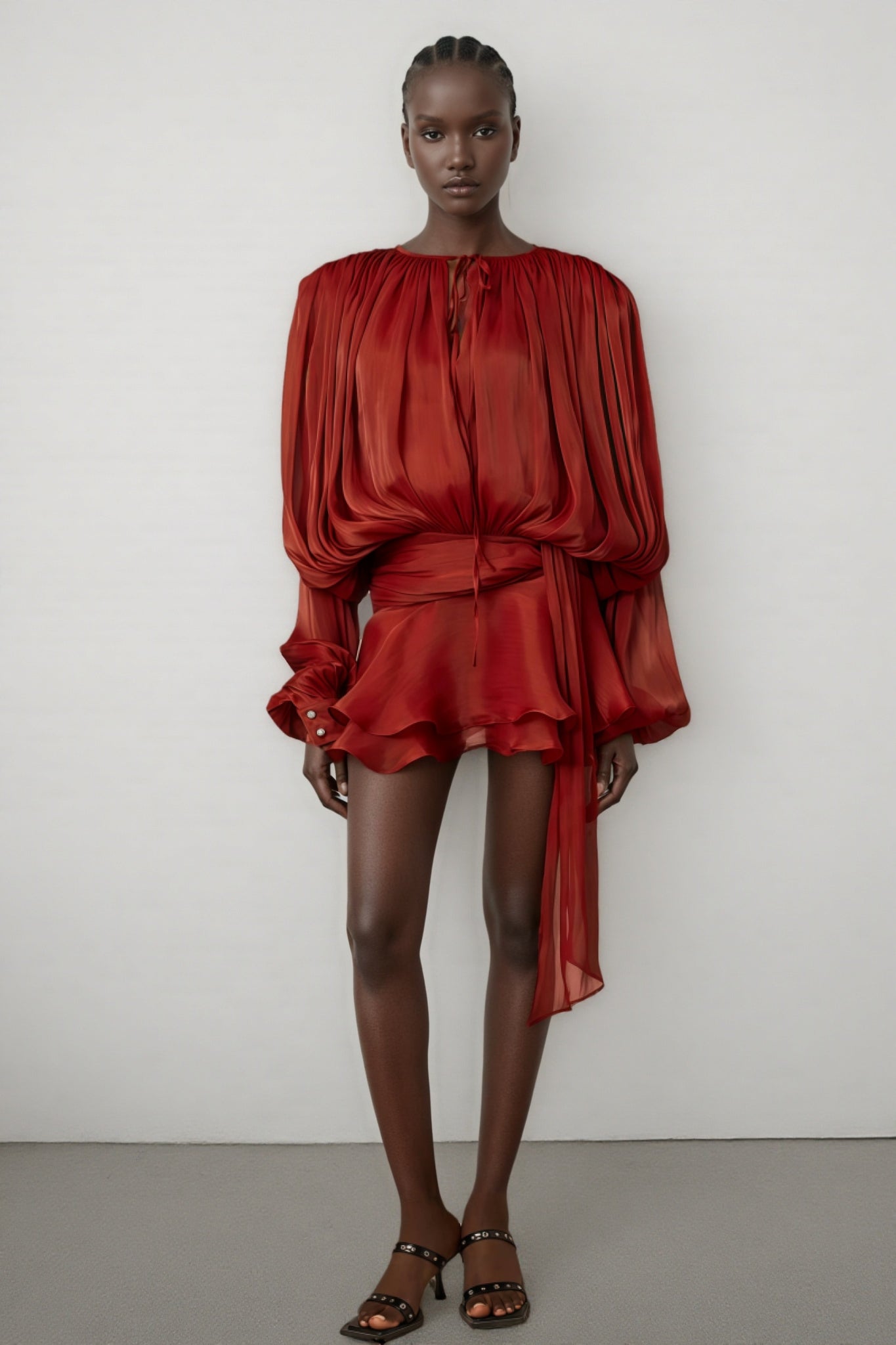 Theodosia Red Pleated Ruffle Mini Dress