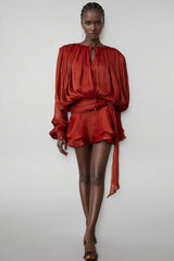 Theodosia Red Pleated Ruffle Mini Dress