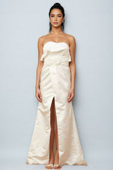 Jiusi White Floral Appliqued Satin Maxi Dress