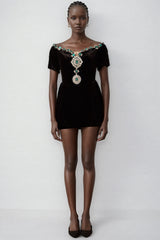 Ivy Black Velvet Embellished Mini Dress