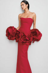 Huxen Red Backless Plunge 3D Floral Maxi Dress