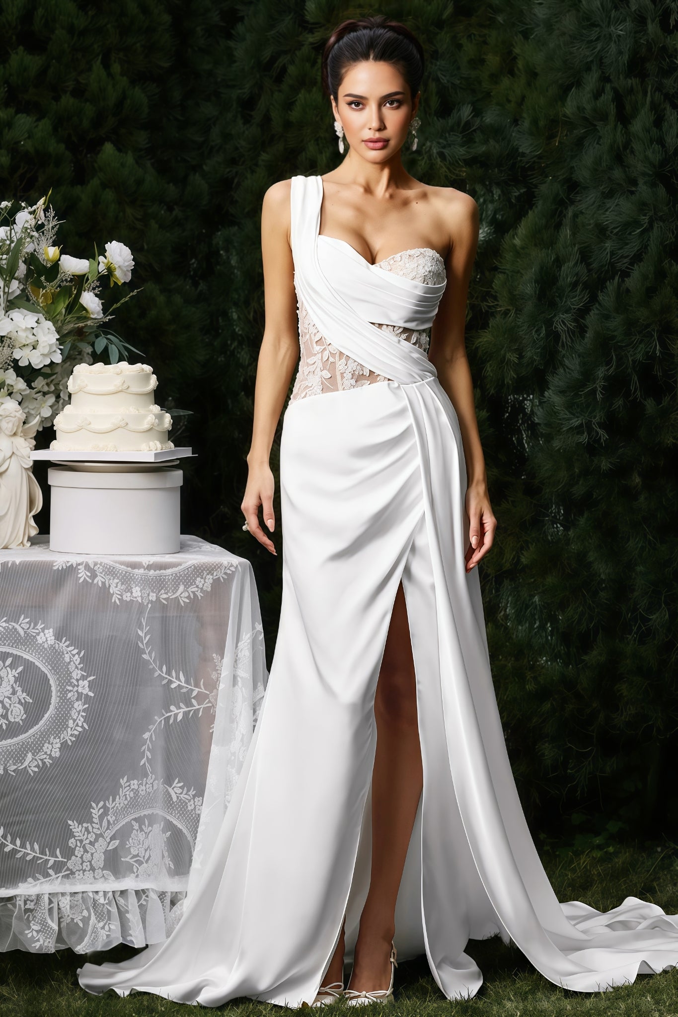 Fifer One Shoulder Lace Slit Maxi Dress