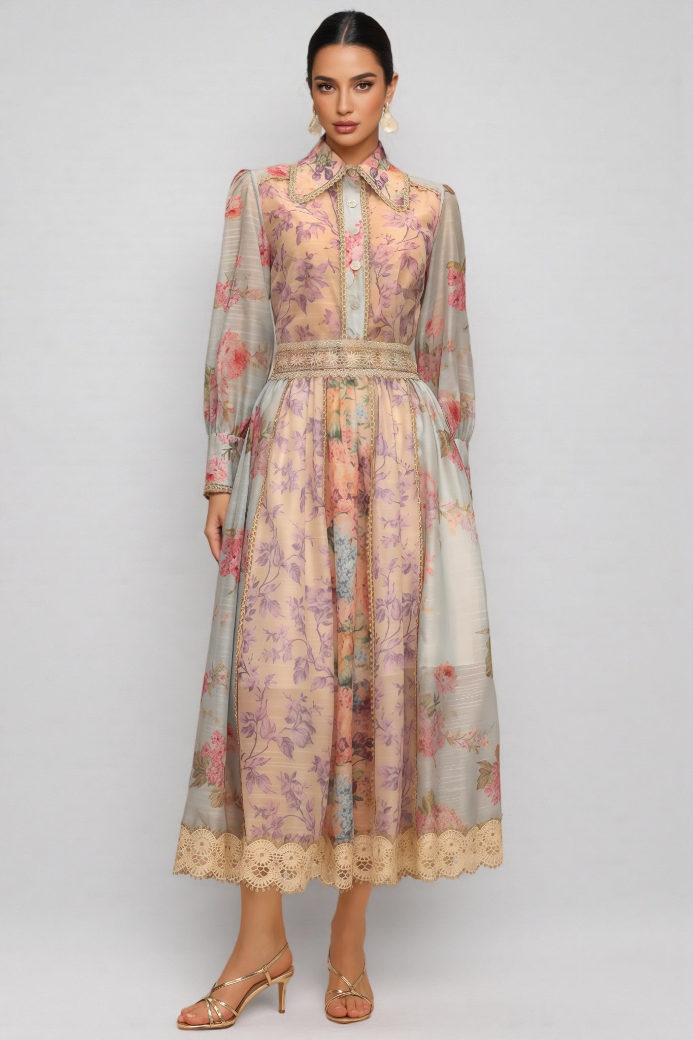 Judy Long Sleeve Floral Printed Lace Two-Piece Set