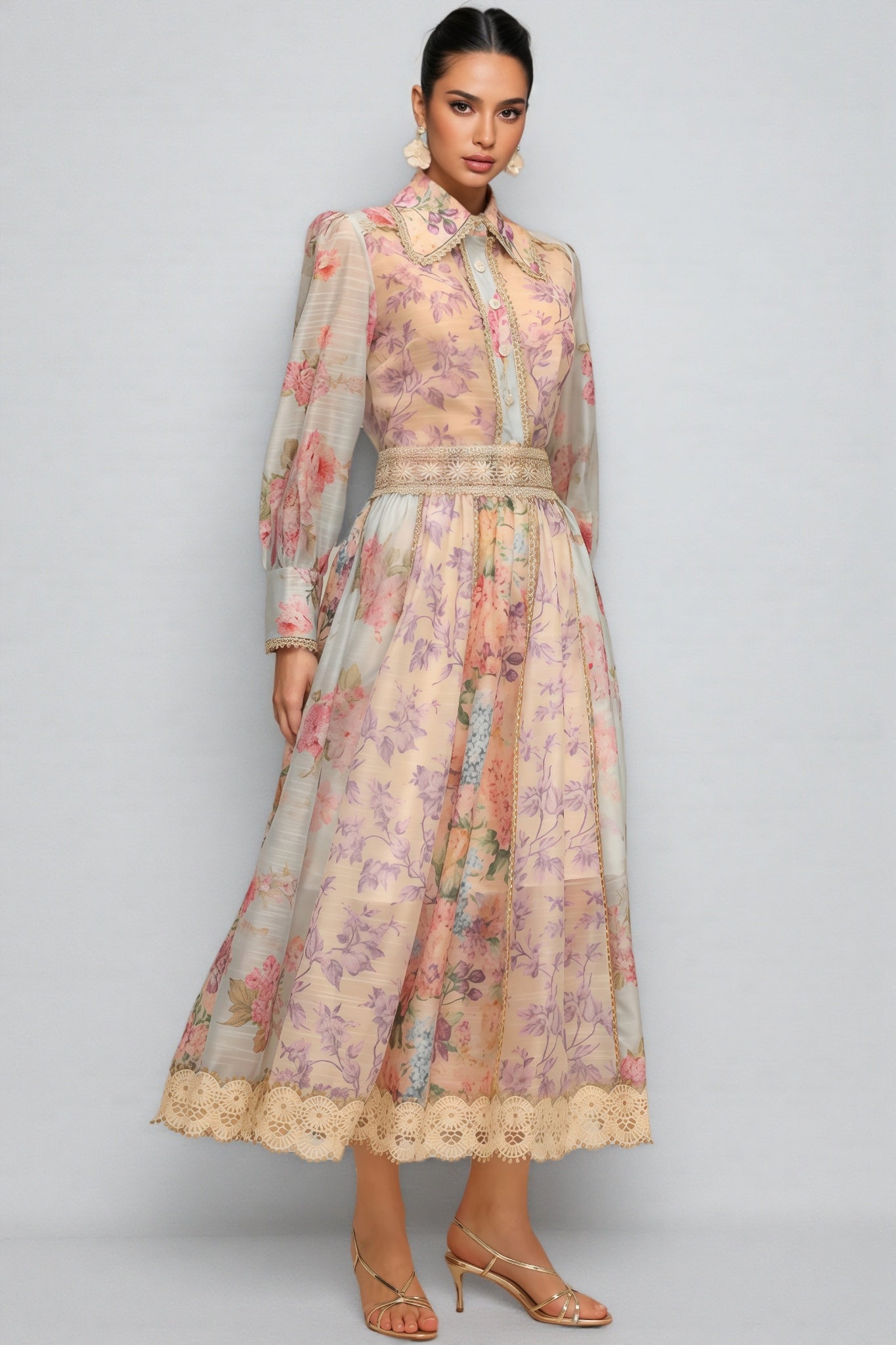 Judy Long Sleeve Floral Printed Lace Two-Piece Set