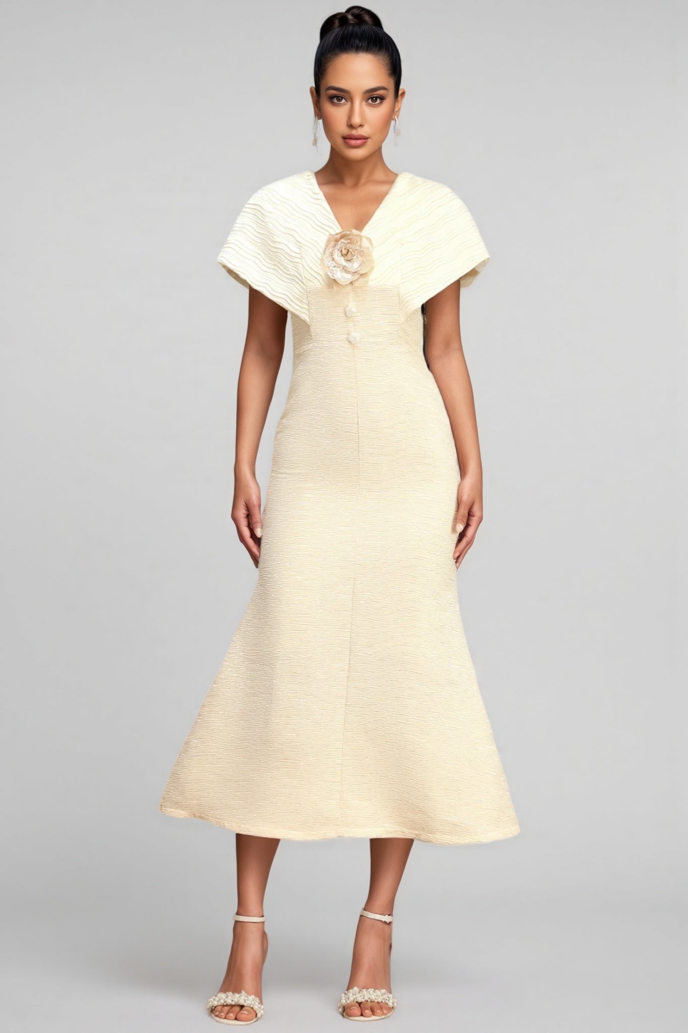 Talisd V-Neck Flower Folds Fishtail Midi Dress