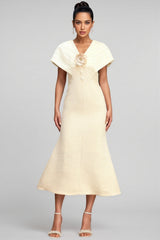 Talisd V-Neck Flower Folds Fishtail Midi Dress