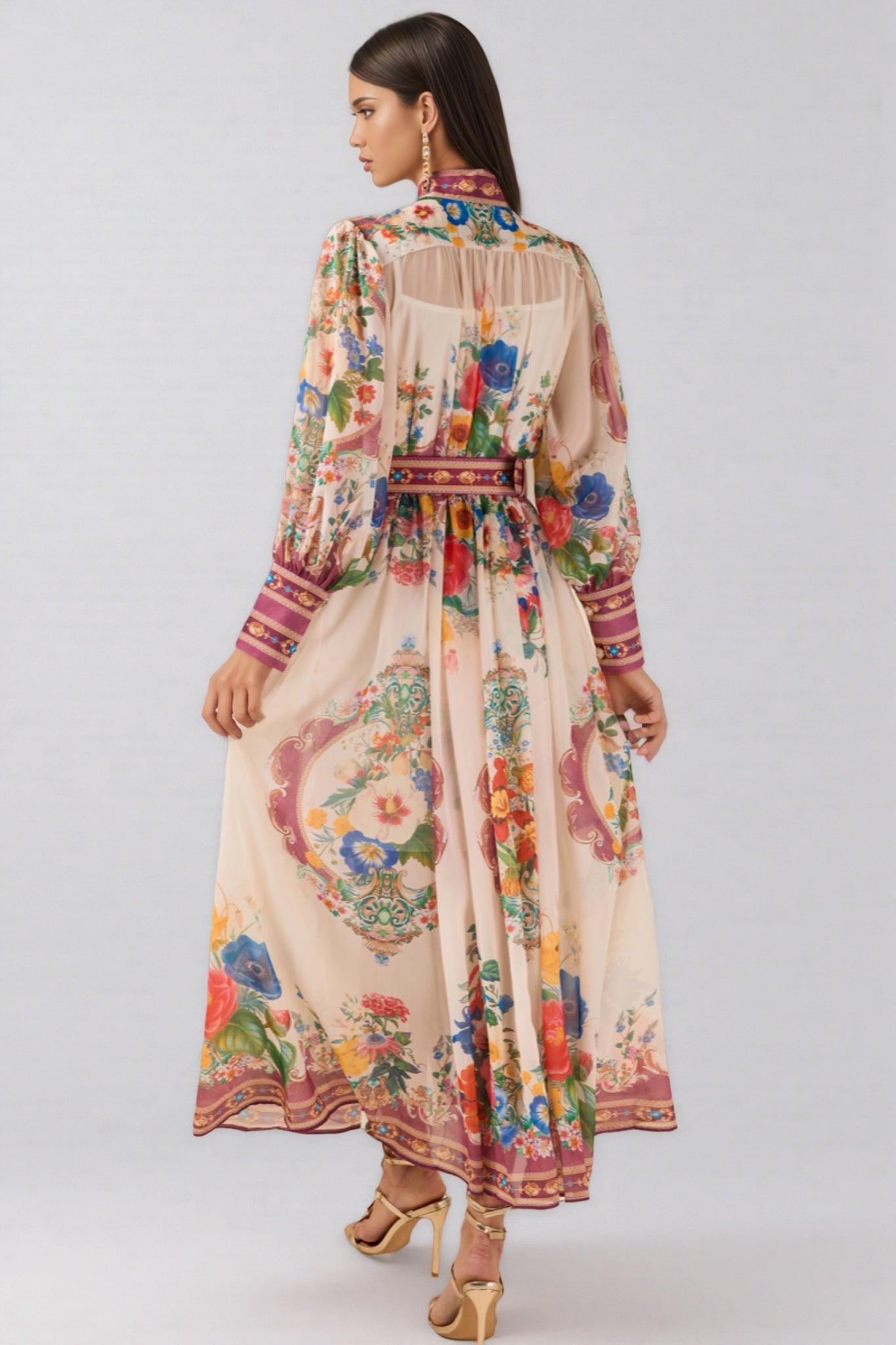 Nichob Stand Collar Lantern Sleeve Midi Dress