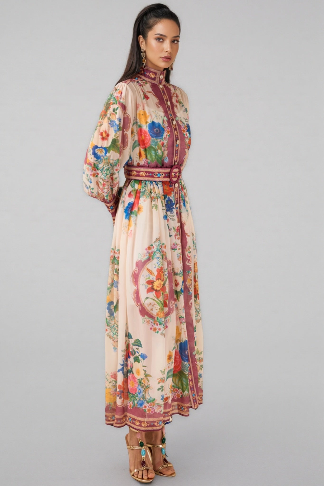 Nichob Stand Collar Lantern Sleeve Midi Dress