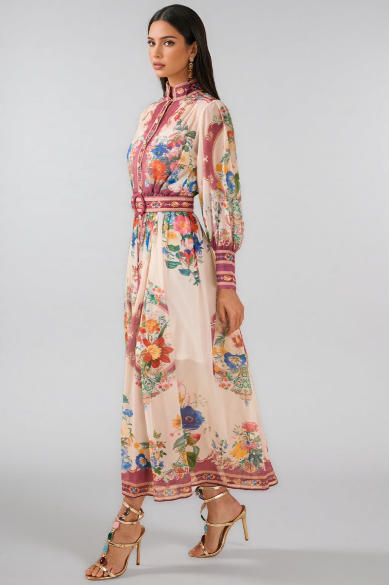 Nichob Stand Collar Lantern Sleeve Midi Dress