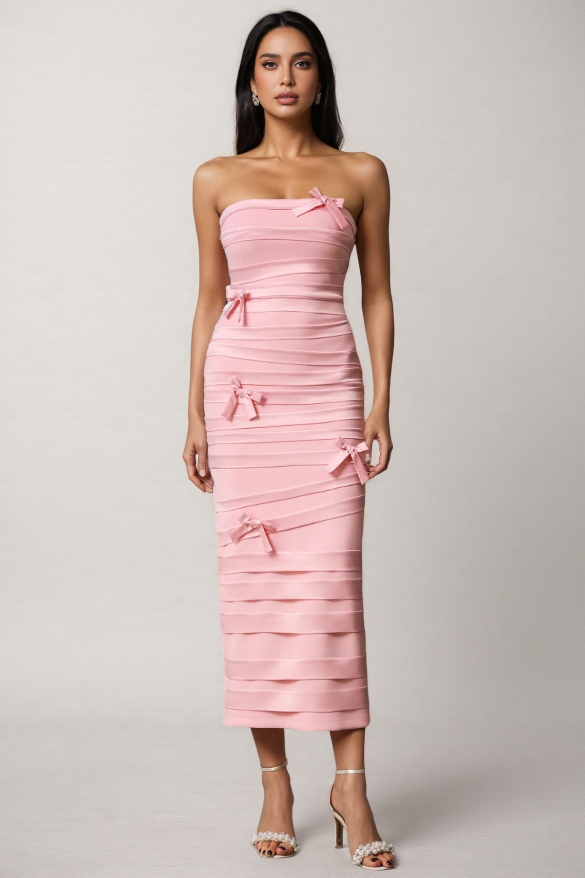 Secyij Sleeveless Bow Wrinkles Midi Dress