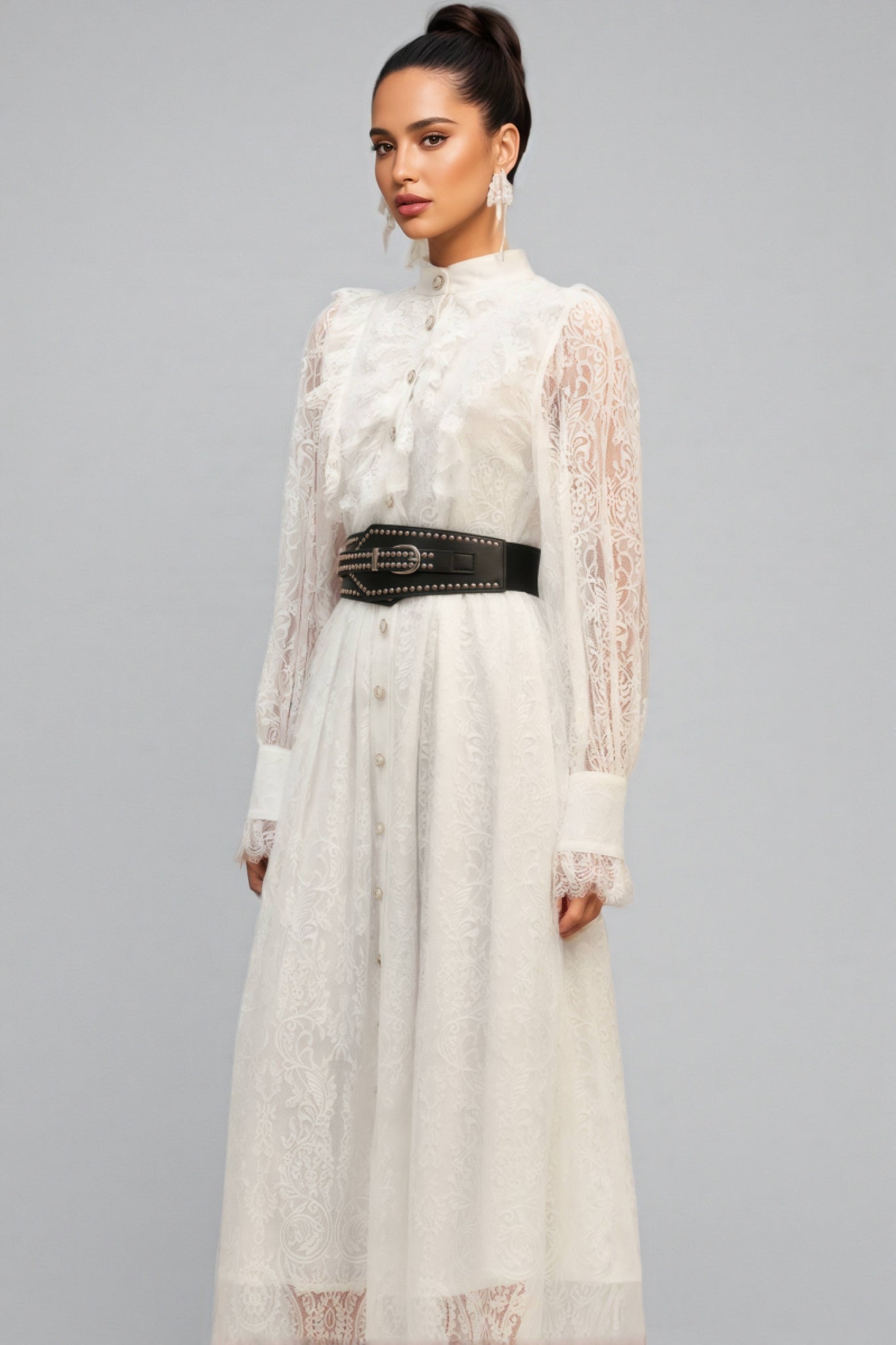 Starsha Long Sleeves Folds Lace Midi Dress