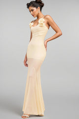 Orialk 3D Flower Halter Neck Mesh Maxi Dress