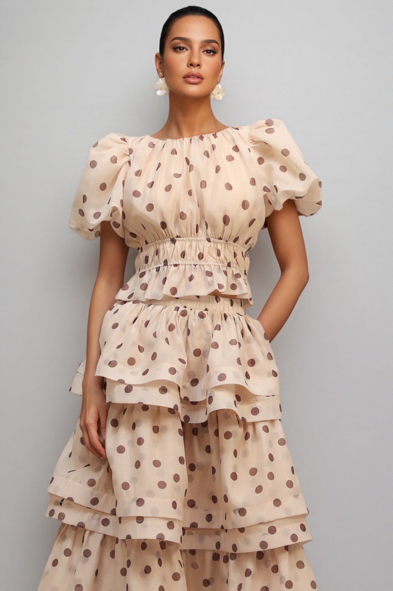 Margaux Puff Sleeves Dot Printed Maxi Dress Set