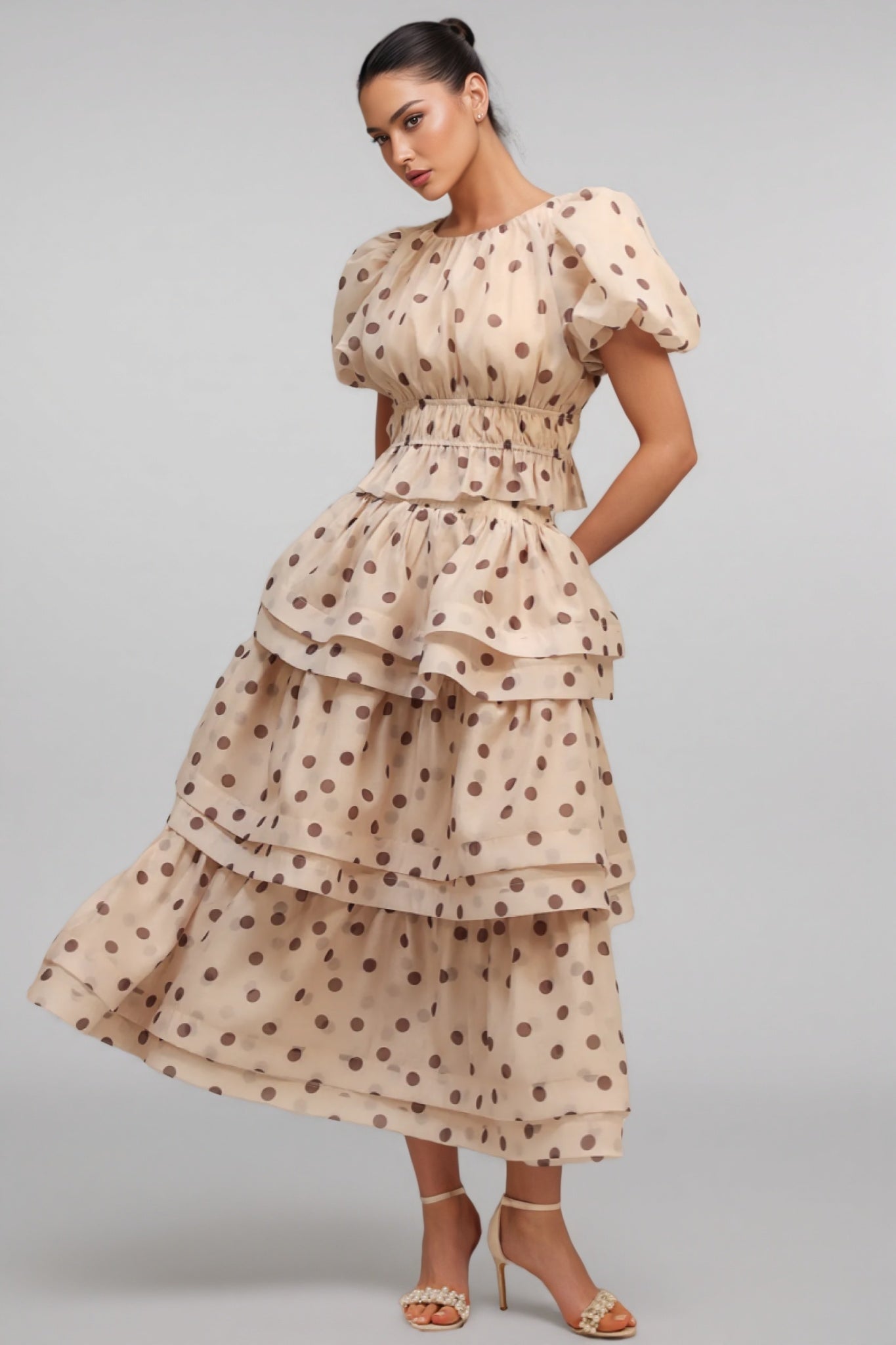 Margaux Puff Sleeves Dot Printed Maxi Dress Set