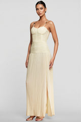 Fynnlk Halter Fishbone Folds Slit Maxi Dress
