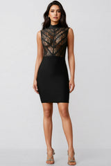 Zaroe Round Collar Sleeveless Lace Bandage Mini Dress