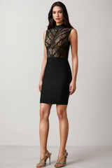 Zaroe Round Collar Sleeveless Lace Bandage Mini Dress