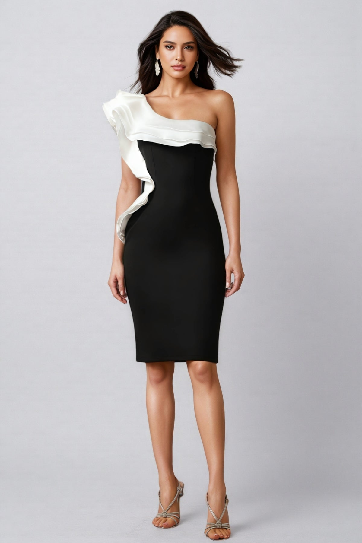 Jodinin One Shoulder Flounce Bandage Mini Dress