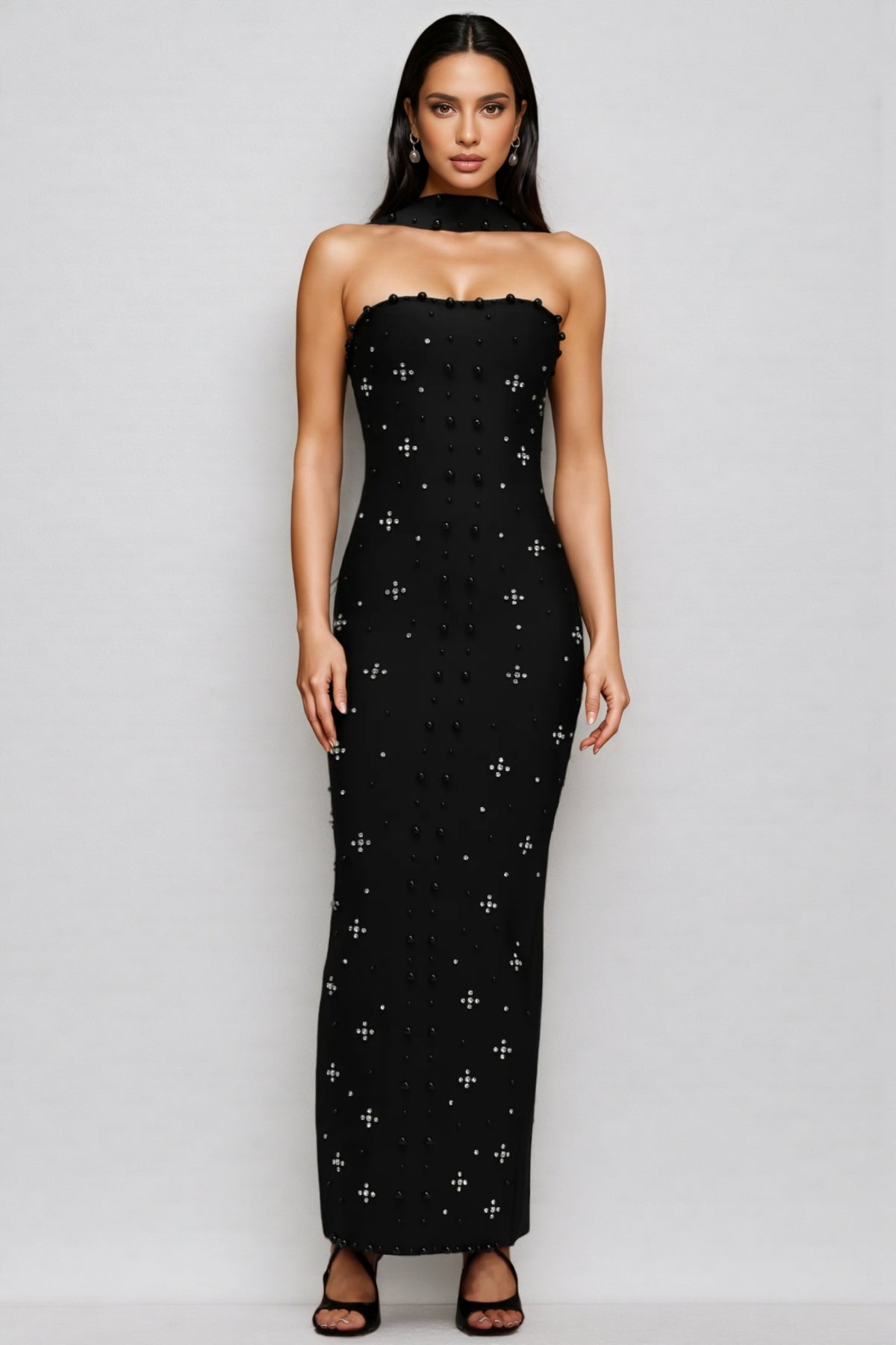 Nyralk Sleeveless Pearl Bandage Maxi Dress
