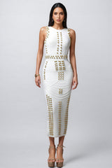 Peyton Round Neck Sleeveless Rivet Bandage Midi Dress