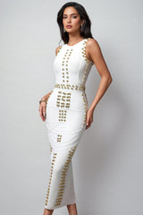 Peyton Round Neck Sleeveless Rivet Bandage Midi Dress