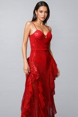 Marge Sleeveless Sequins Slit Ruffle Maxi Dress