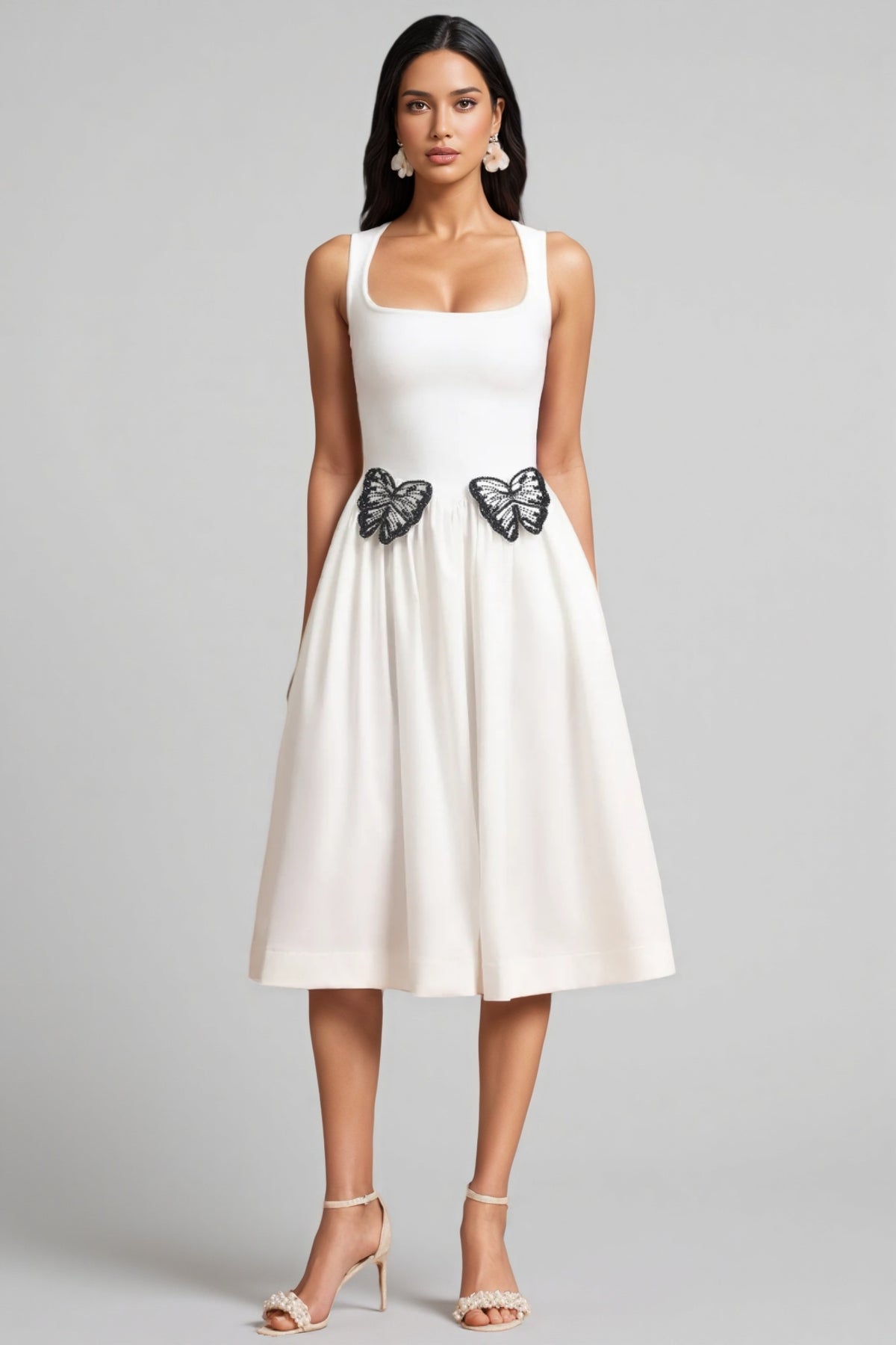 Jiusi Square Collar Halter Butterfly Midi Dress