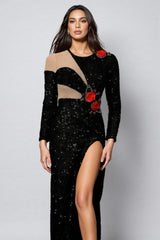 Reyna Flowers Sequins Slit Maxi Dress