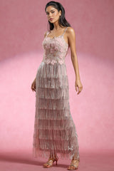 Paca Sleeveless Flowers Diamond Tassels Maxi Dress