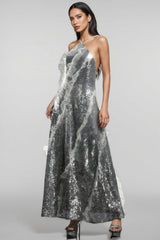 Coler Halter Sequins Ruffled Maxi Dress